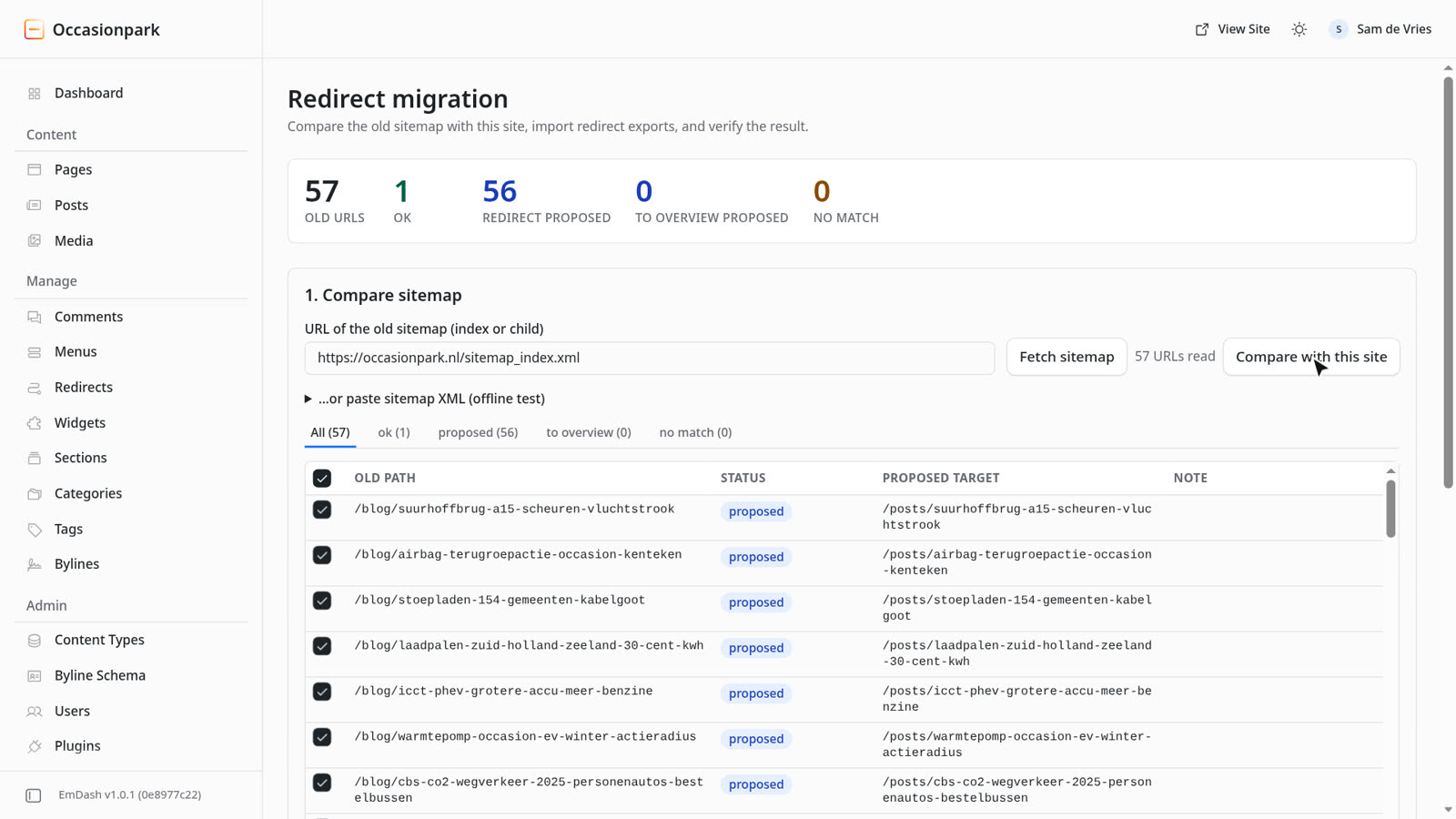 SEO Migrate in de EmDash-admin: 57 oude URL's, 1 in orde, 56 voorgestelde redirects in een tabel.
