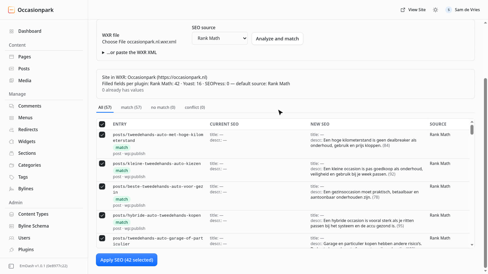 SEO-import uit een WXR-bestand: per bericht de huidige en de nieuwe meta-beschrijving uit Rank Math, 42 geselecteerd.