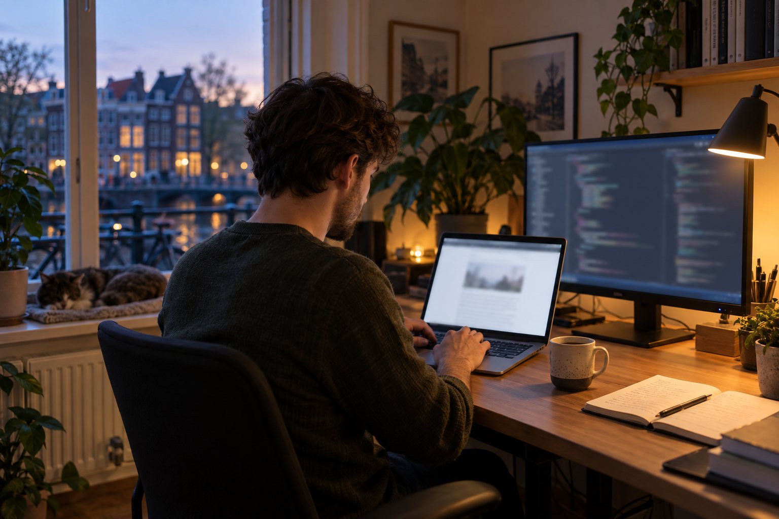 Iemand typt een blogartikel op een laptop, met een code-editor op het tweede scherm