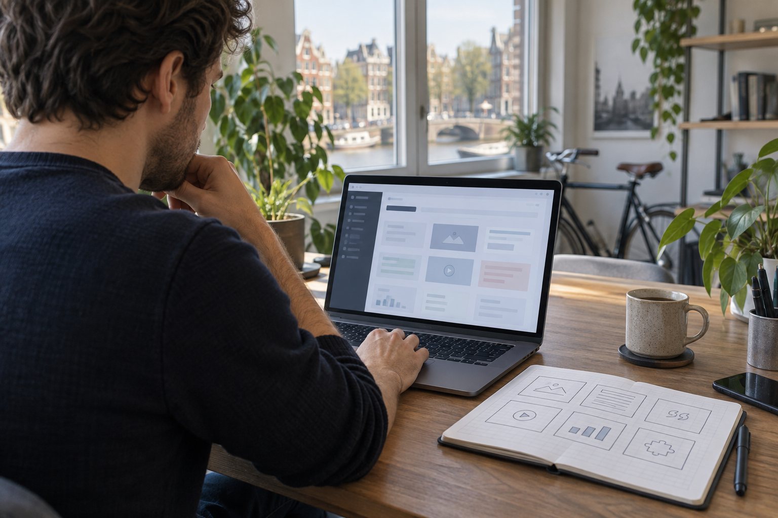 Developer aan een bureau met een CMS-beheerscherm en schetsen van afgeschermde pluginblokken