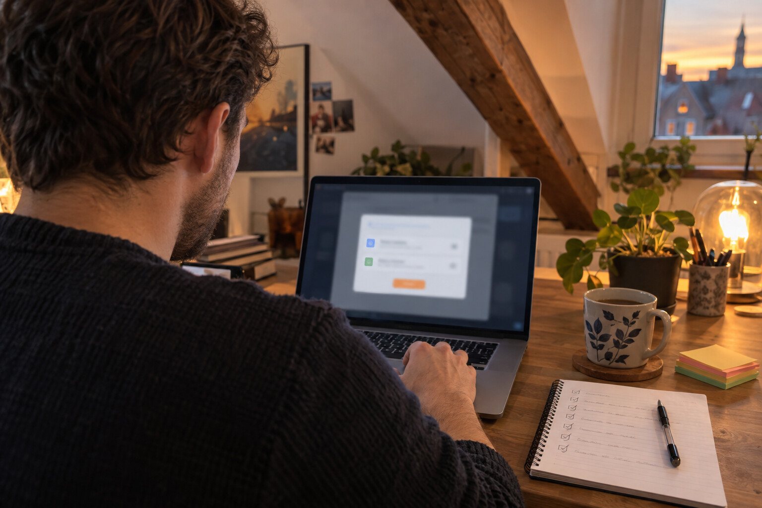 Ontwikkelaar op een zolderkamer bekijkt een rechtenvenster op zijn laptop, met een afvinklijst ernaast