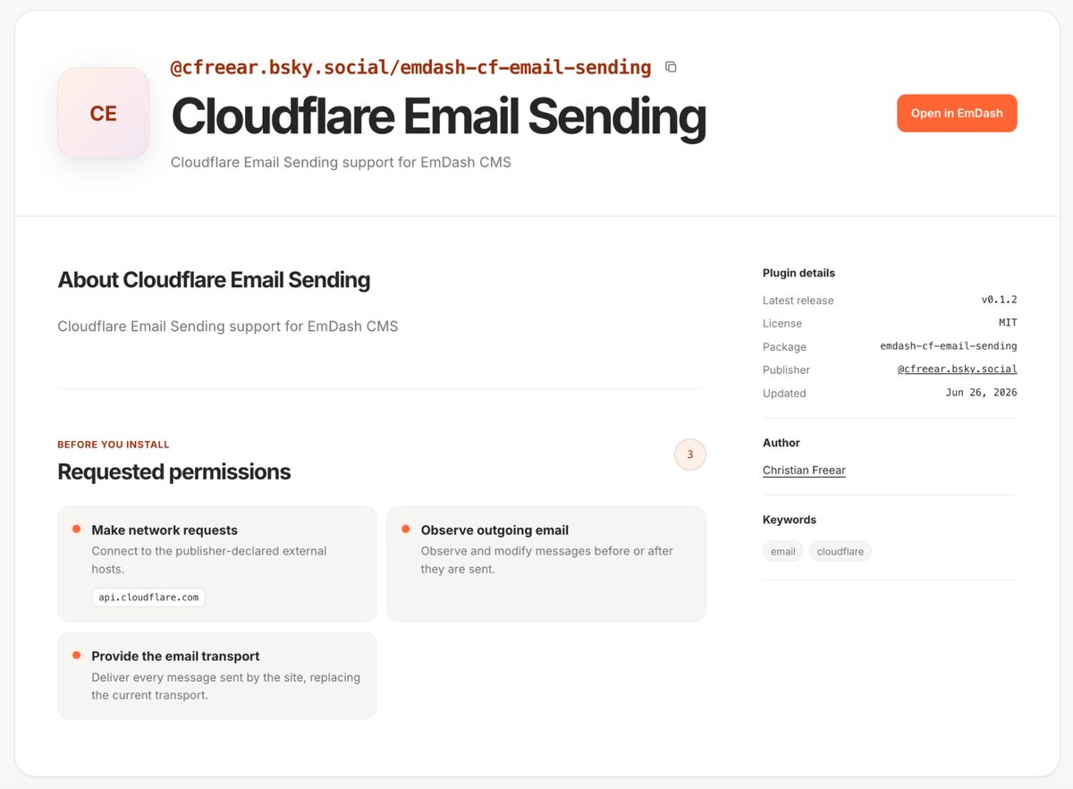 Een pluginpagina in de registry met drie gevraagde rechten, waaronder netwerkverkeer naar api.cloudflare.com