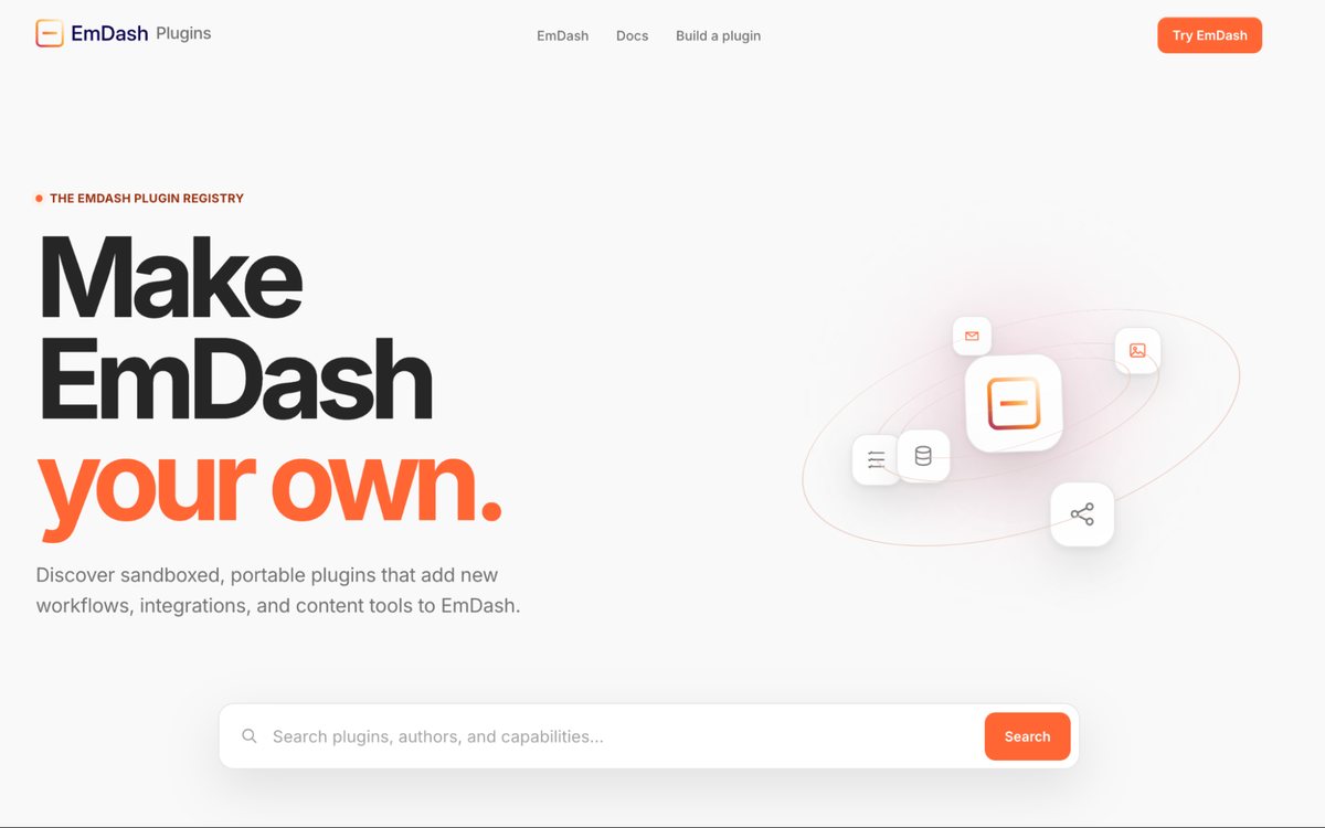 De voorpagina van de EmDash plugin-registry, met een zoekbalk voor plugins, auteurs en rechten