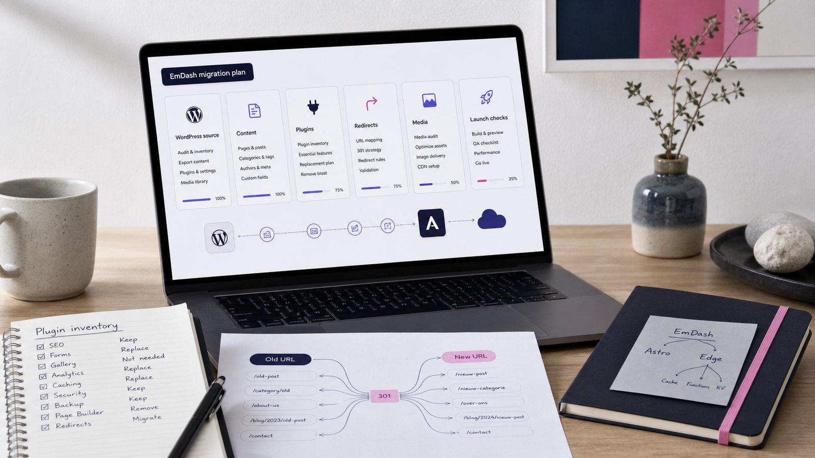 Werkplek met een EmDash migratieplan, plugin-inventaris en redirectmapping voor een WordPress-migratie.
